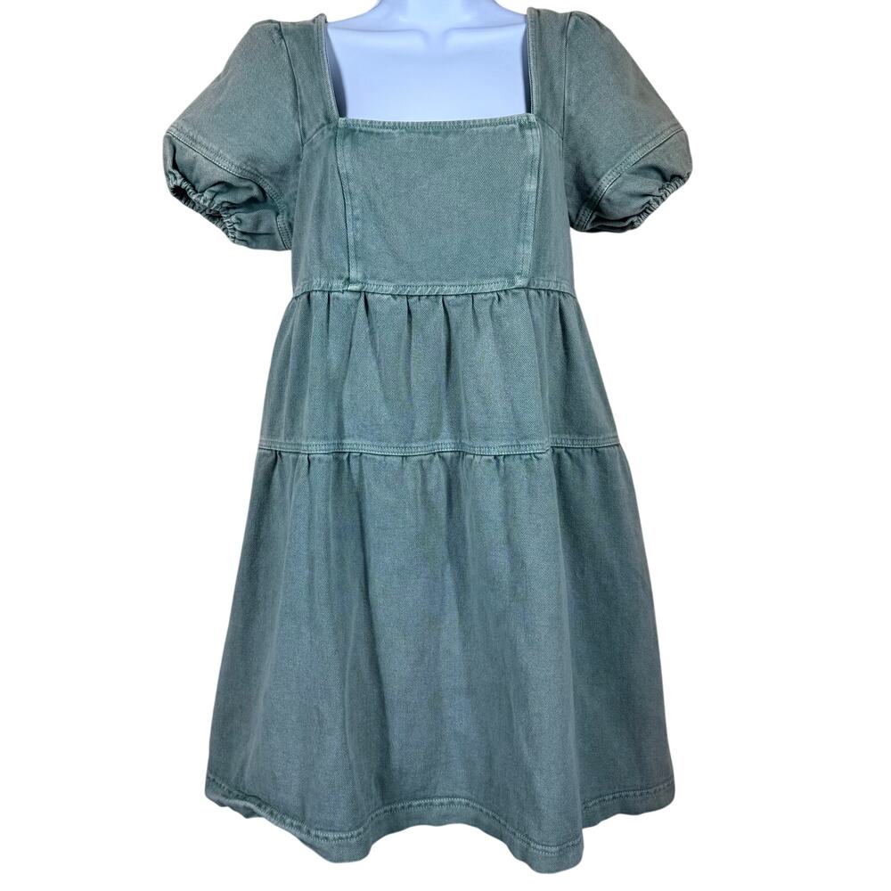 Louna Green Denim Babydoll Empire Puff Sleeve Tiered Mini‎ Dress Women's XS Boho